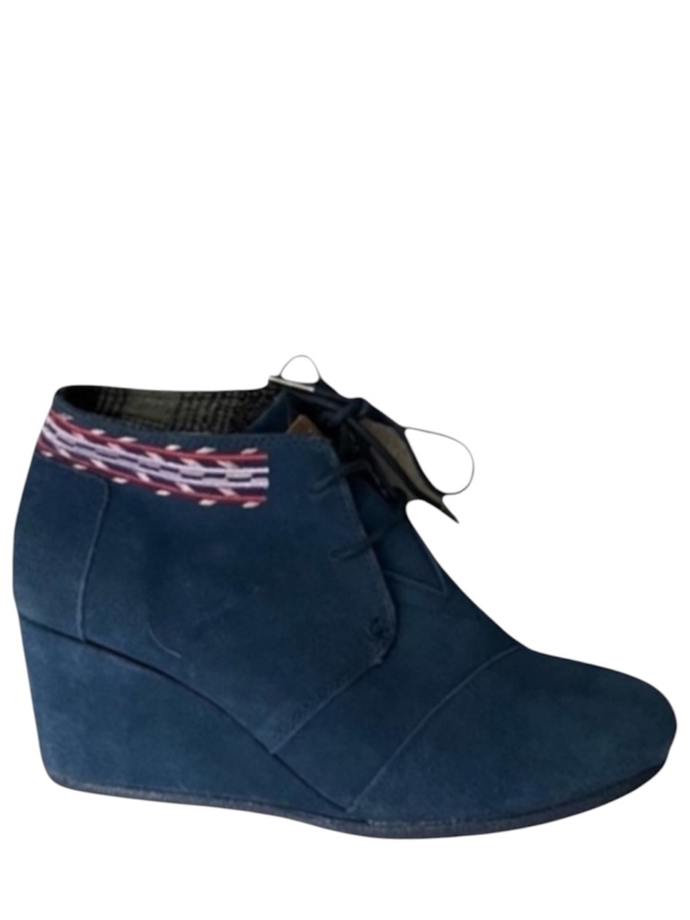 Toms‎ Suede Ankle Booties Women’s 9.5 Blue Leather Embroidered Wedge Heel
